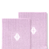 Top part of Adult Crew Socks in Thistle with Kyte Baby logo on a white background