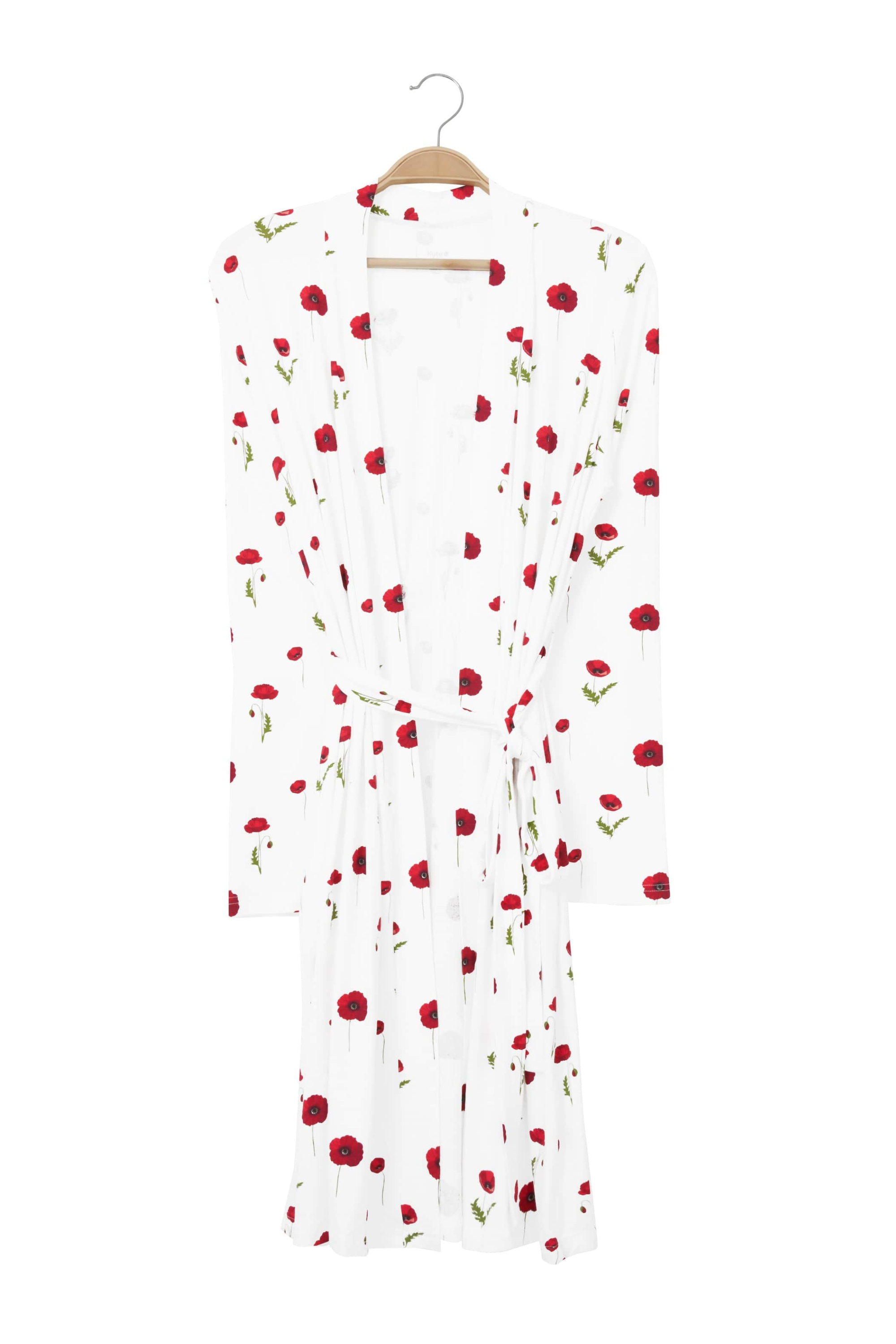 Women’s Lounge Robe in Cloud Poppies on a hanger 
