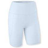 The front of the Bamboo Flex High Rise Biker Short in Breeze shown on a  ghost mannequin