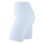 Side view of the Bamboo Flex High Rise Biker Short in Breeze on a ghost mannequin showing the side pocket