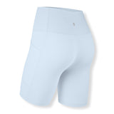 The back of the Bamboo Flex High Rise Biker Short in Breeze shown on a ghost mannequin