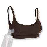 Brown pumping and nursing bra with a clear pumping bottle on a white background