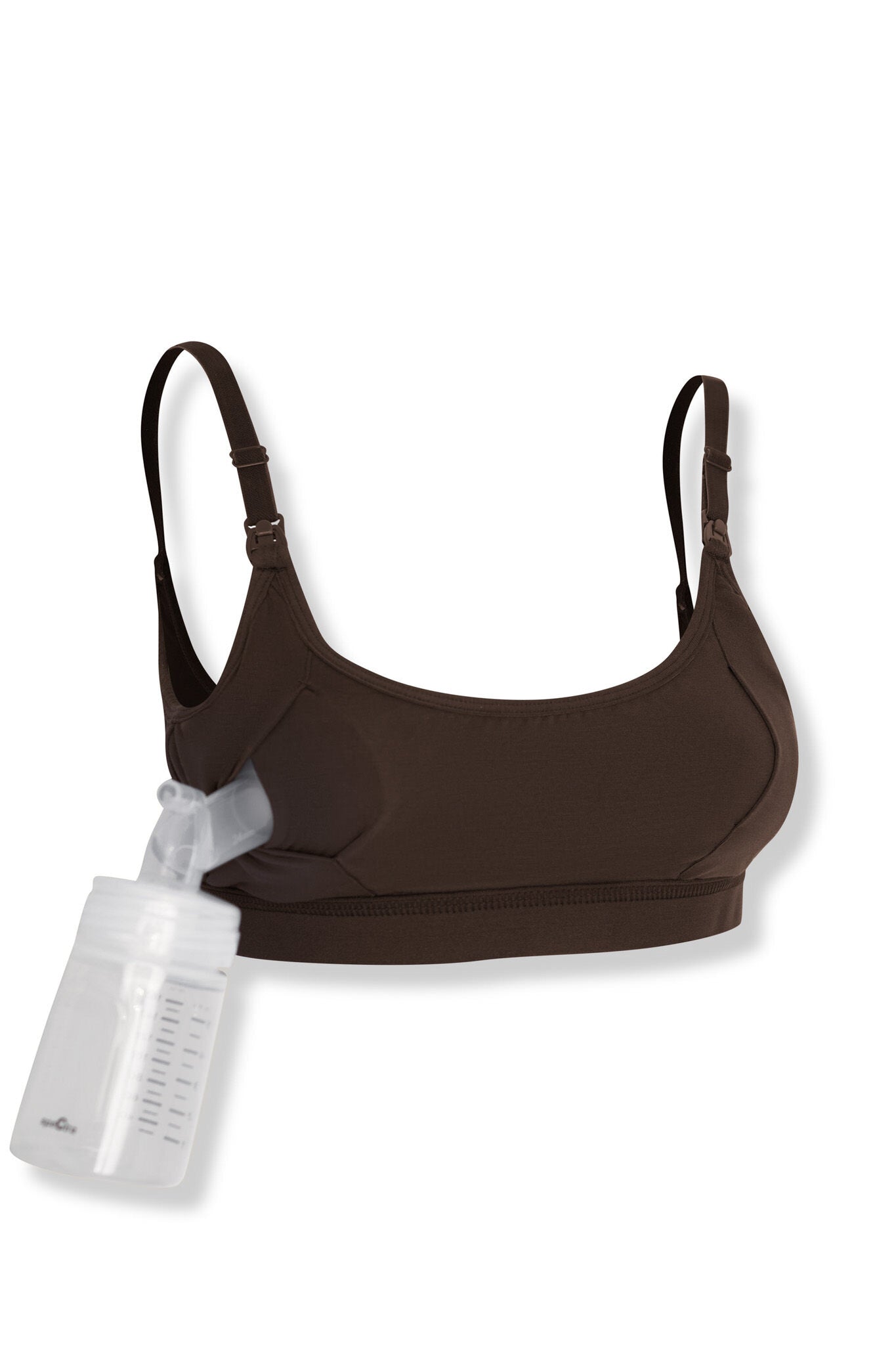 Brown pumping and nursing bra with a clear pumping bottle on a white background