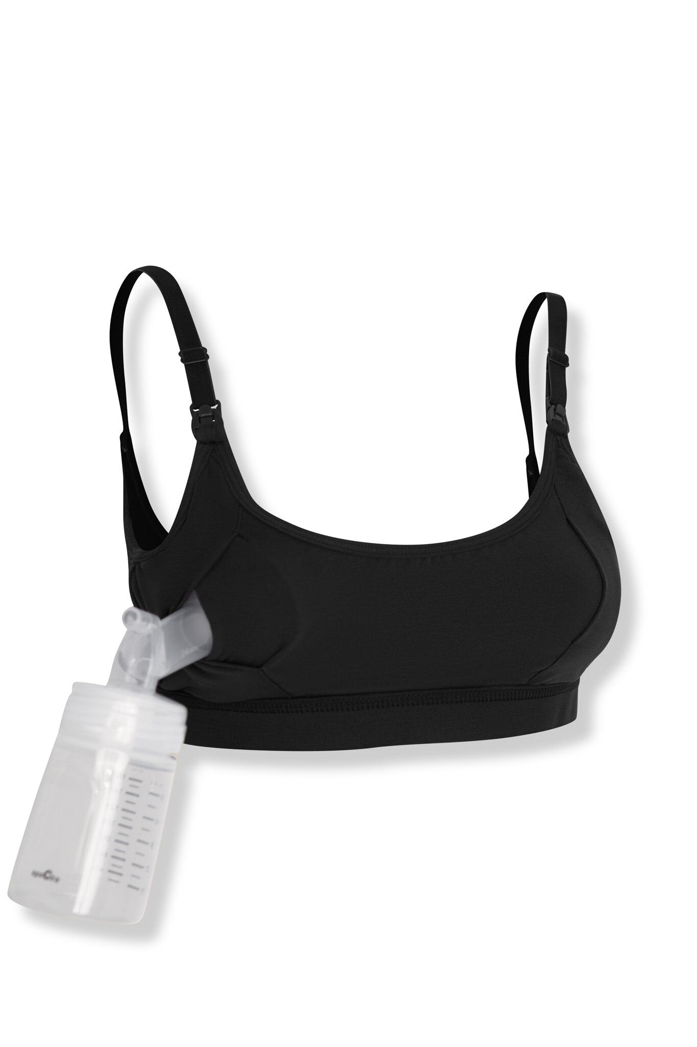 black pumping and nursing bra with a clear pumping bottle on a white background