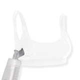 white pumping and nursing bra with a clear pumping bottle on a white background