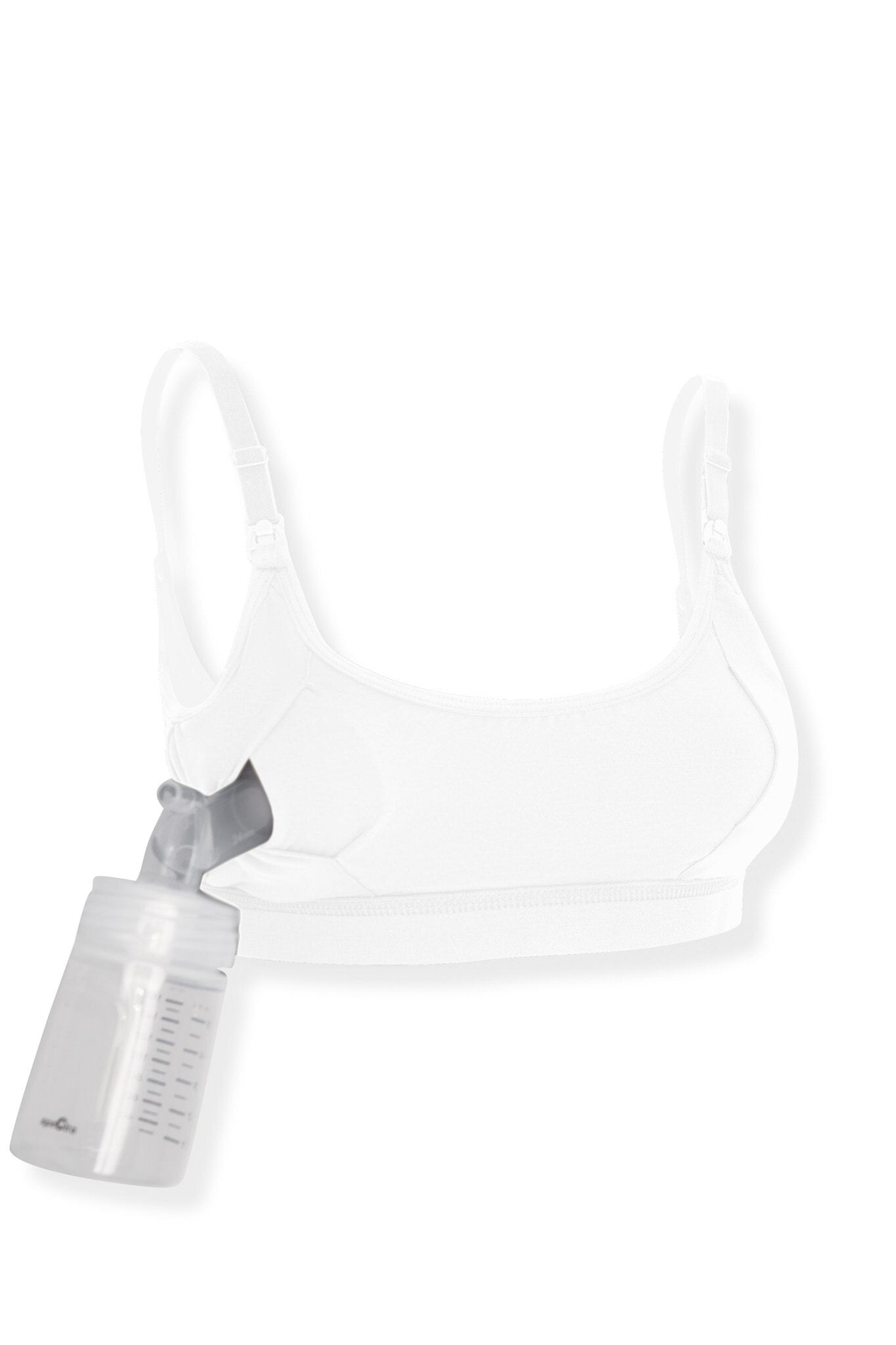 white pumping and nursing bra with a clear pumping bottle on a white background