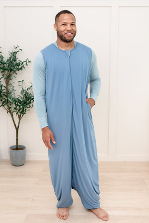 Man wearing Adult Sleep Bag Walker wearable blanket in Slate blue