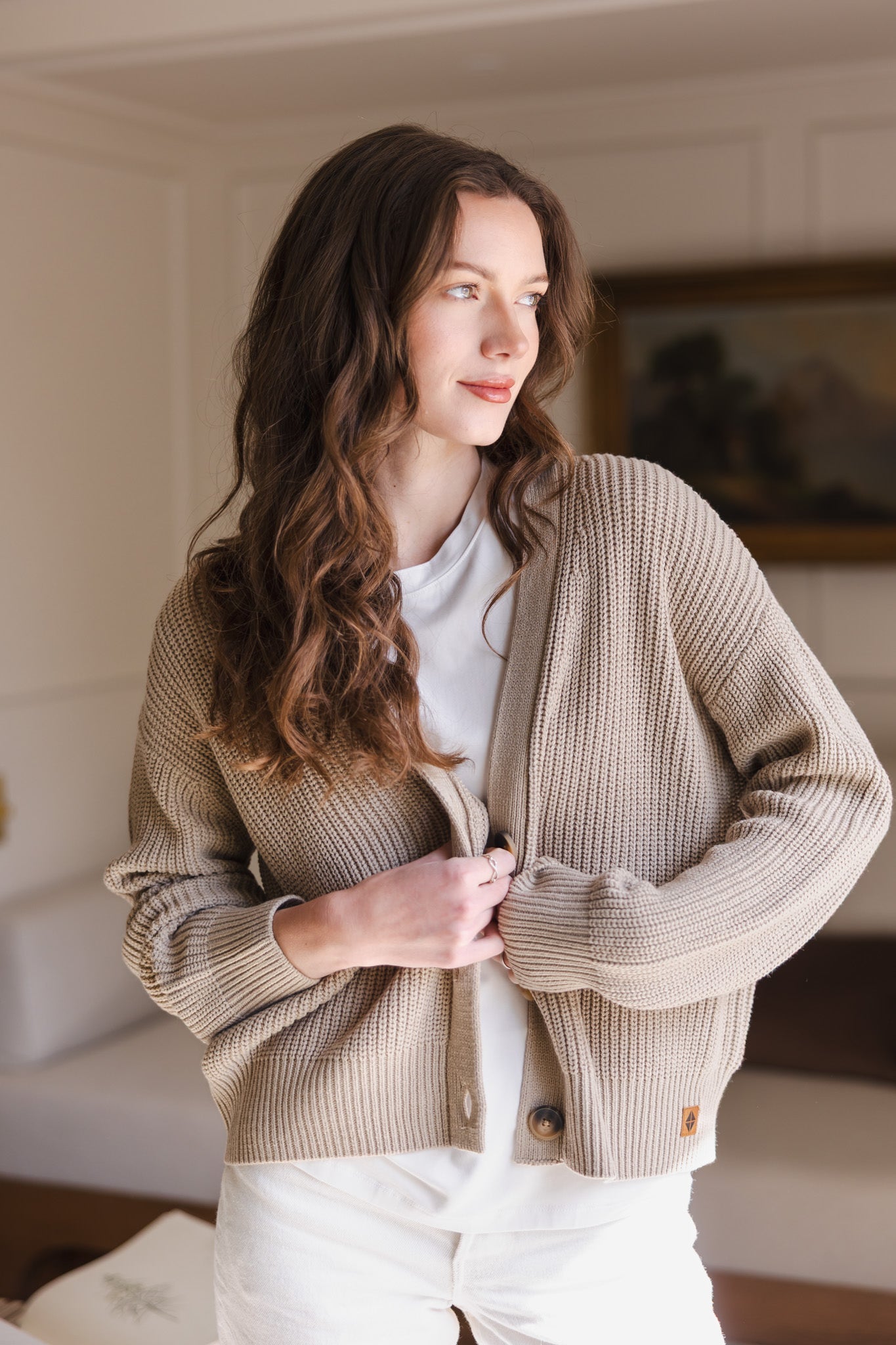 Chunky Knit Women's Cropped Cardigan in Almond