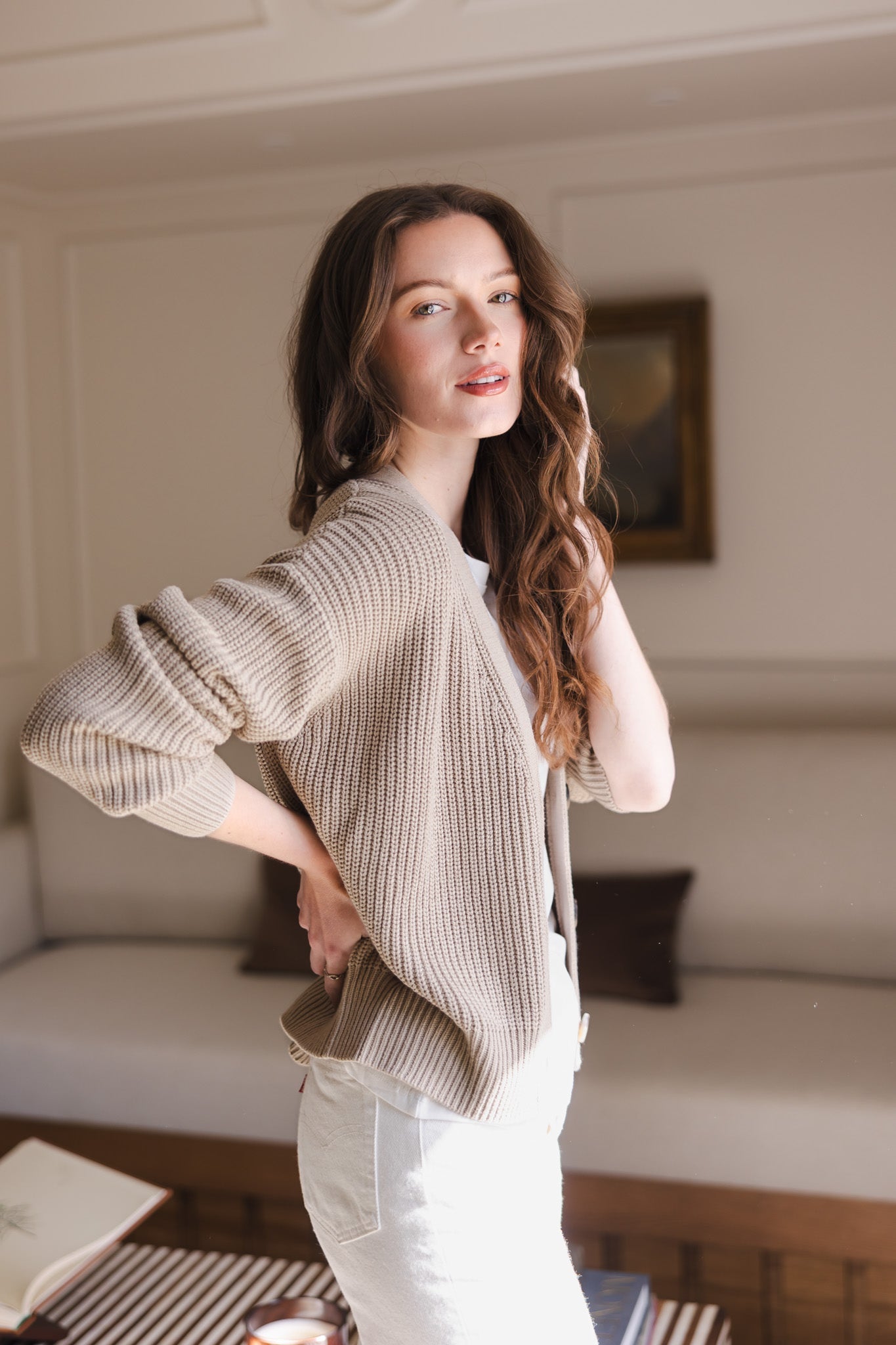 Chunky Knit Women's Cropped Cardigan in Almond