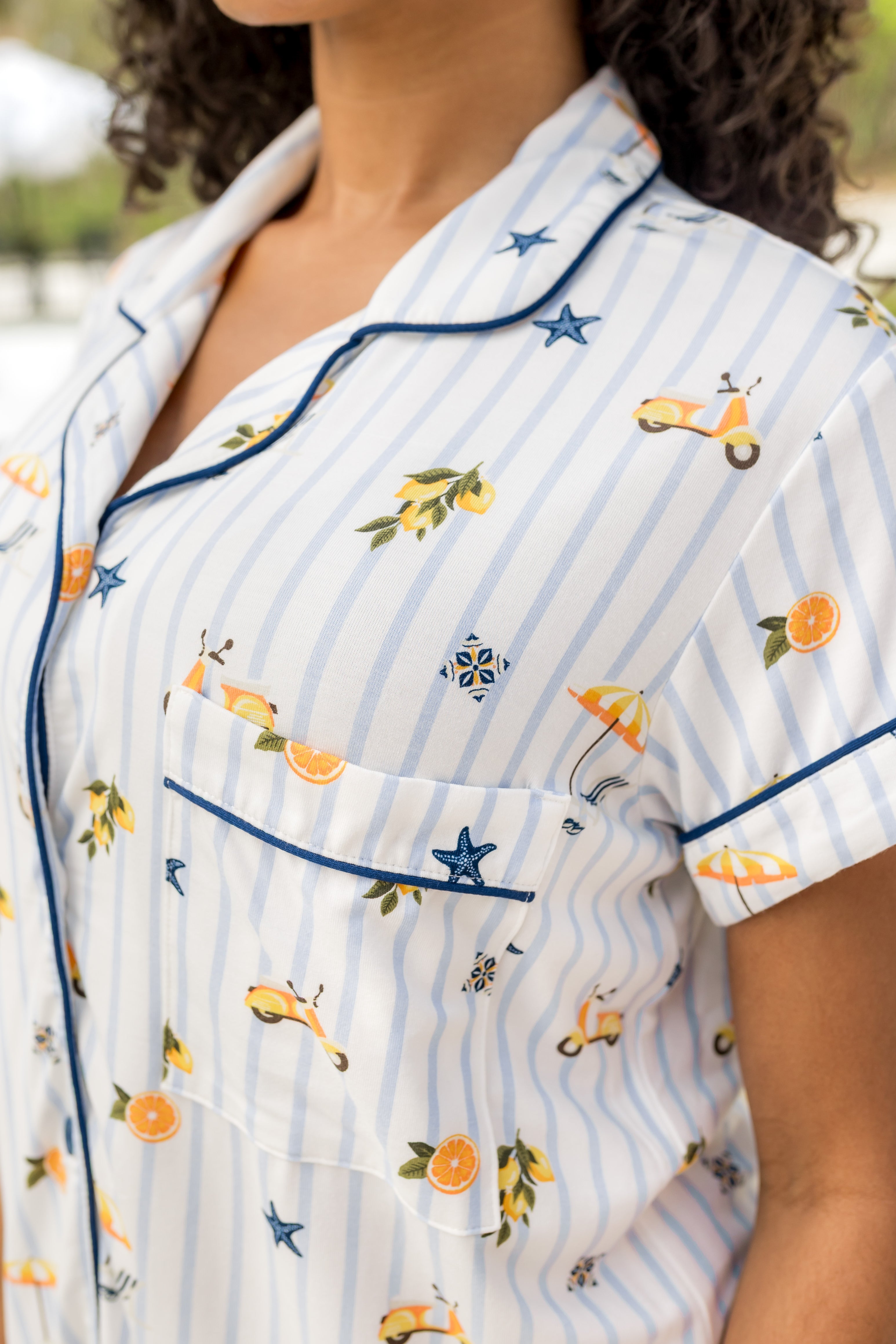 Close up of the top from the Women's Short Sleeve Pajama Set in Amalfi Coast ---PJ 2