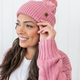 Cable Knit Pom Beanie in Apple Blossom