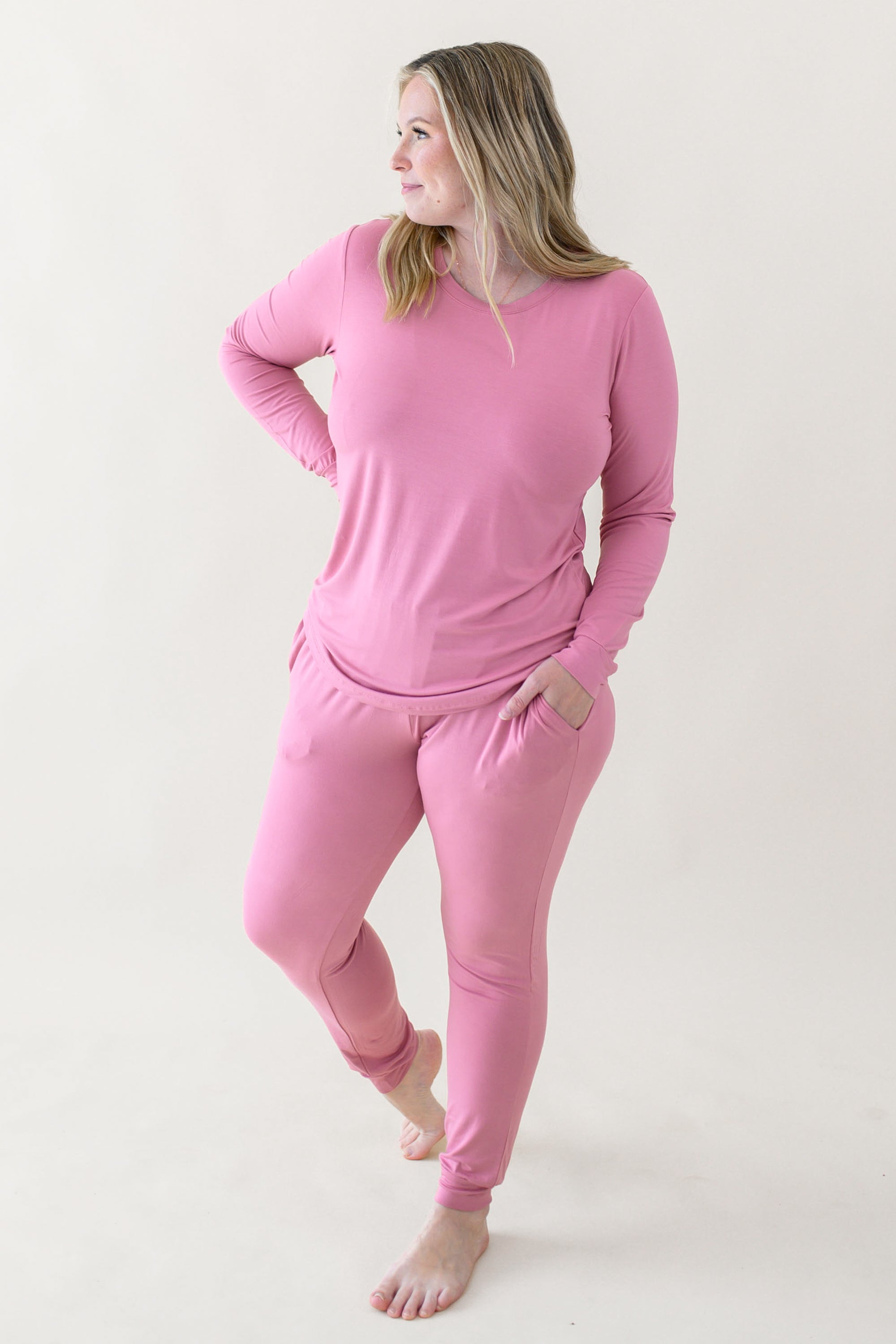  Woman wearing Women's Jogger Pajama Set in Apple Blossom