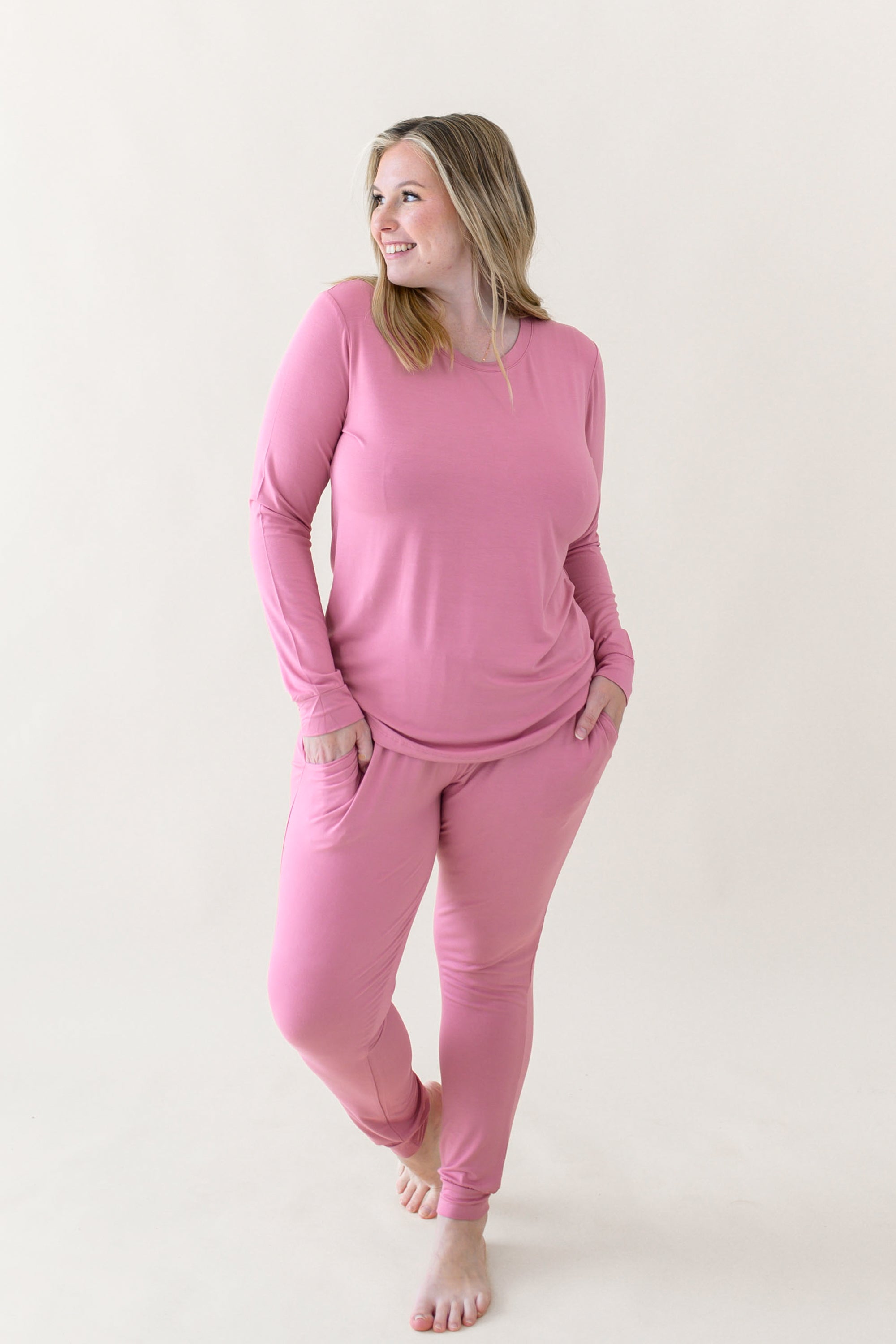 Woman wearing Women's Jogger Pajama Set in Apple Blossom