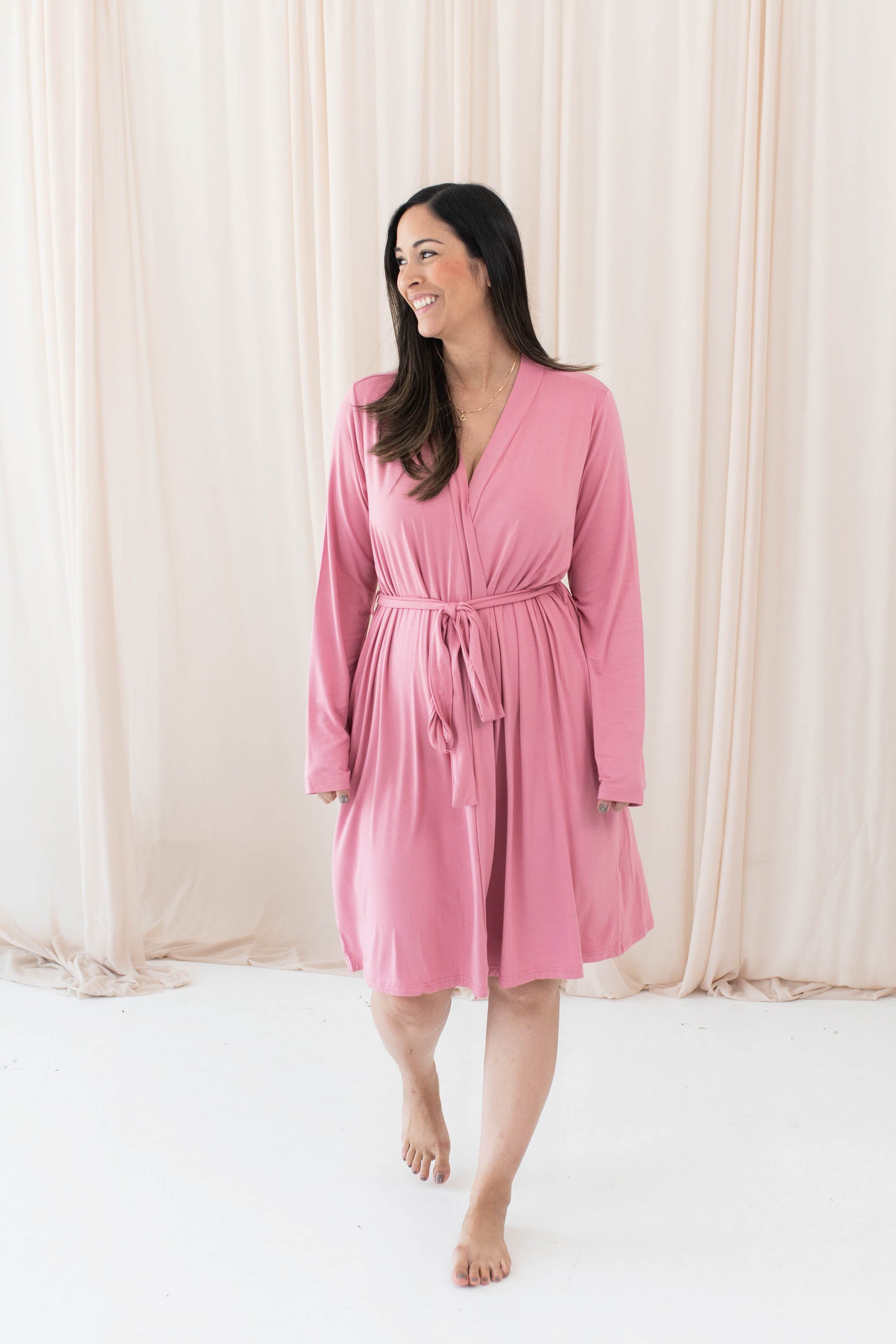 Female modeling the Women’s Lounge Robe in Apple Blossom
