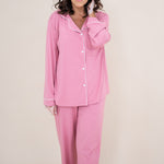 Model wearing the Long Sleeve Pajama Set in Apple Blossom with Cloud Trim