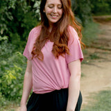 Female wearing the Women's Crew Neck Tee in Apple Blossom paired with black jeans