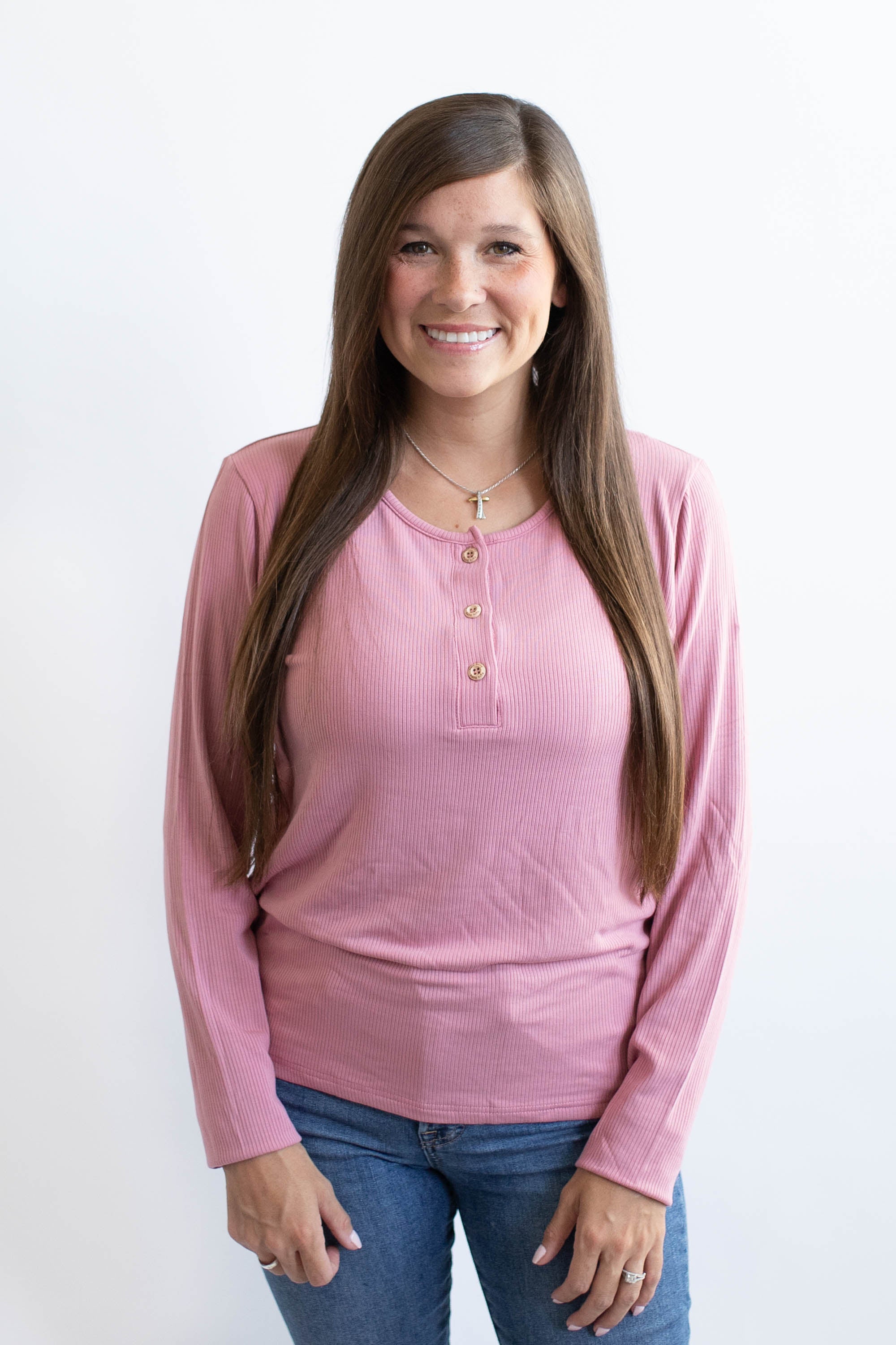 Model wearing the Women's Ribbed Henley Top in Apple Blossom