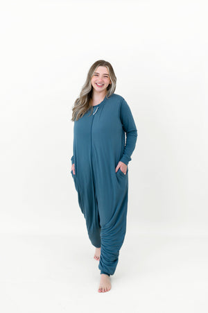 Model wearing the Adult Sleep Bag Walker in Atlantic blue