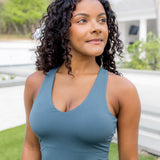 Female modeling the Bamboo Flex Bra Tank in Atlantic

::: Model is 5'0" wearing size XS ///
