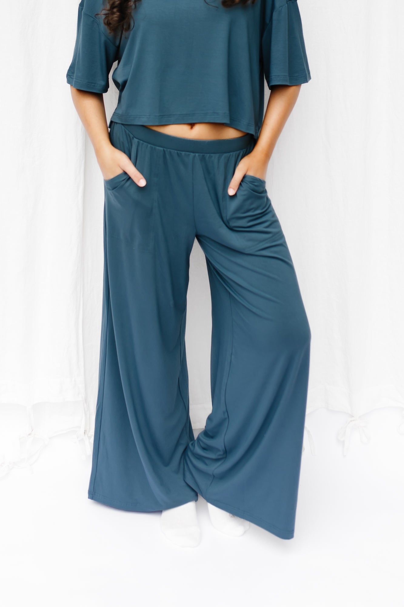 Women's Wide Leg Pant in Atlantic shown on a female model