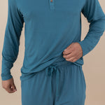 Close up of Men's Lounge Pants in Atlantic and matching Henley Top