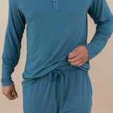 Close up of Men's Lounge Pants in Atlantic and matching Henley Top