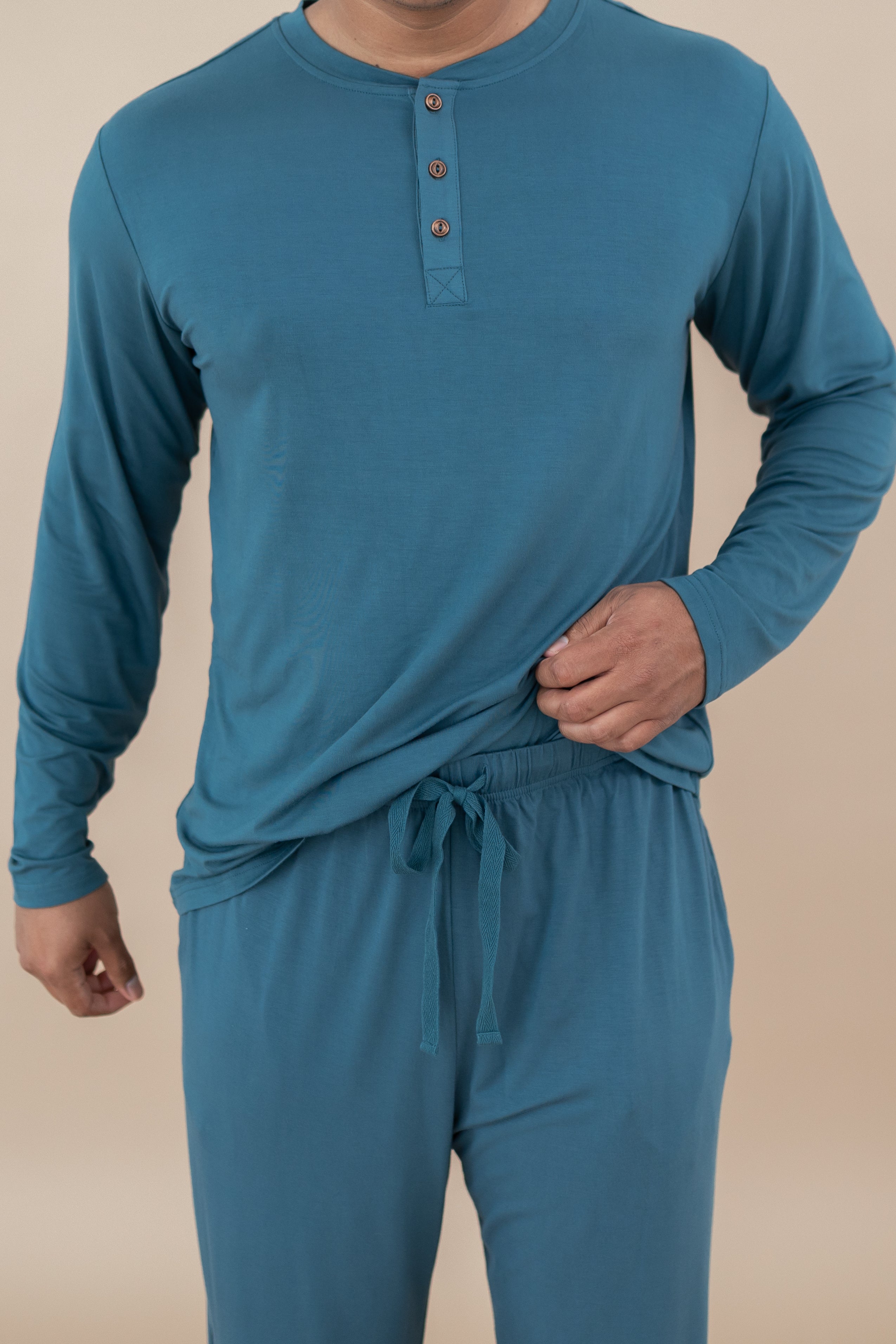 Close up of Men's Lounge Pants in Atlantic and matching Henley Top