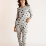 Modal wearing Women's Jogger Pajama Set in Bats print on a white background ::: Model is 5'9.5" wearing size XS ///
