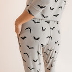 Back side of Modal wearing Women's Jogger Pajama Set in Bats print on a white background