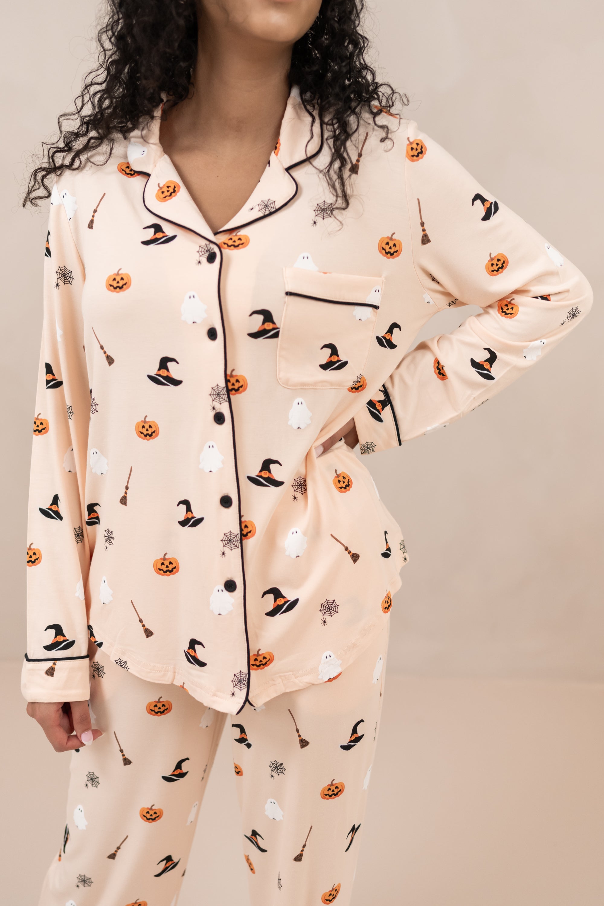 Close up of the top of the Kyte Women's Long Sleeve Pajama Set in Bewitched