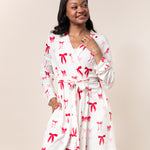 Model wearing the Bamboo Women's Lounge Robe in Big Love Bow