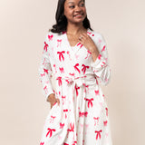 Model wearing the Bamboo Women's Lounge Robe in Big Love Bow