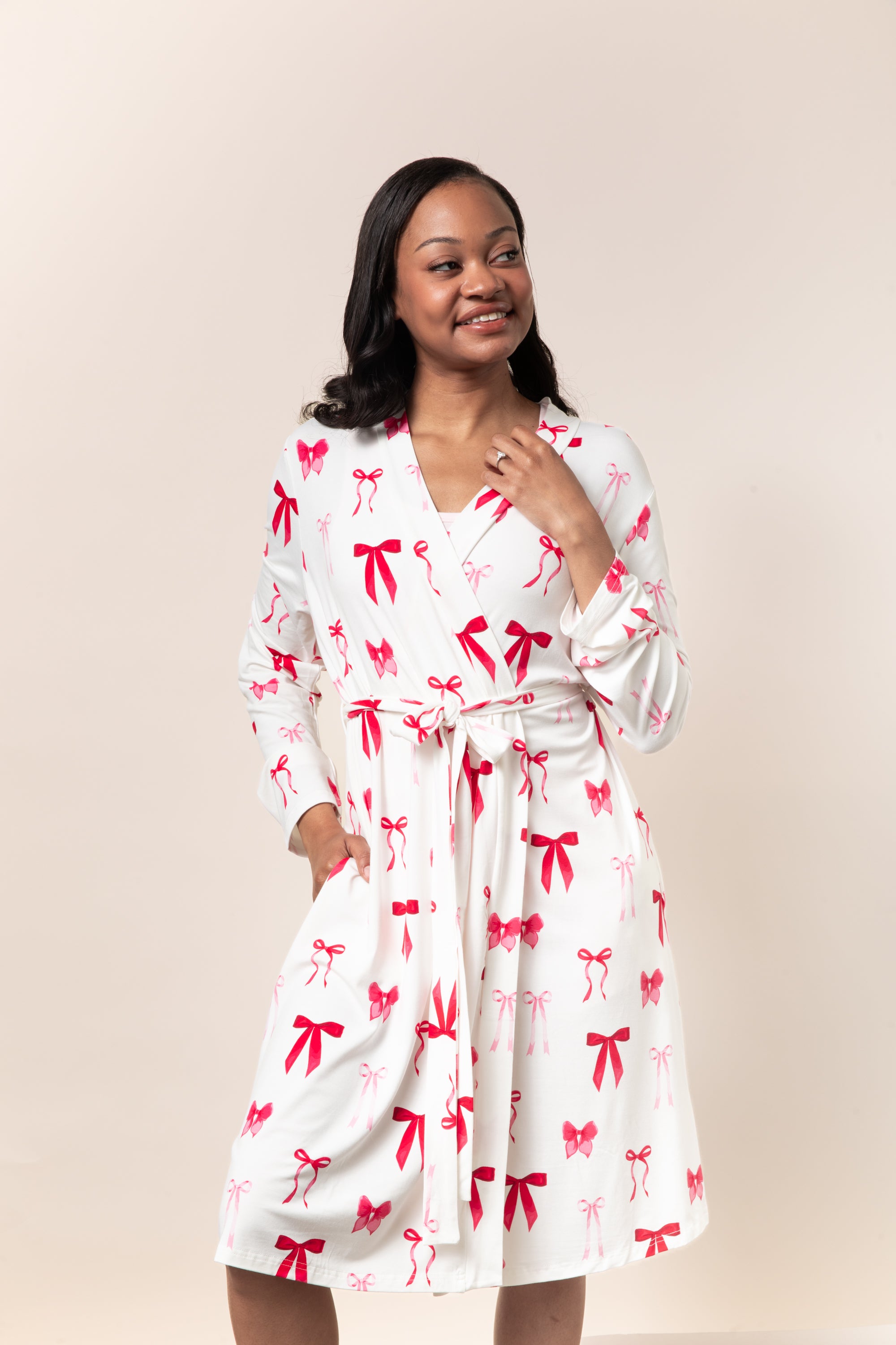 Model wearing the Bamboo Women's Lounge Robe in Big Love Bow