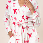Close up of model wearing a tied up Bamboo Women's Lounge Robe in Big Love Bow