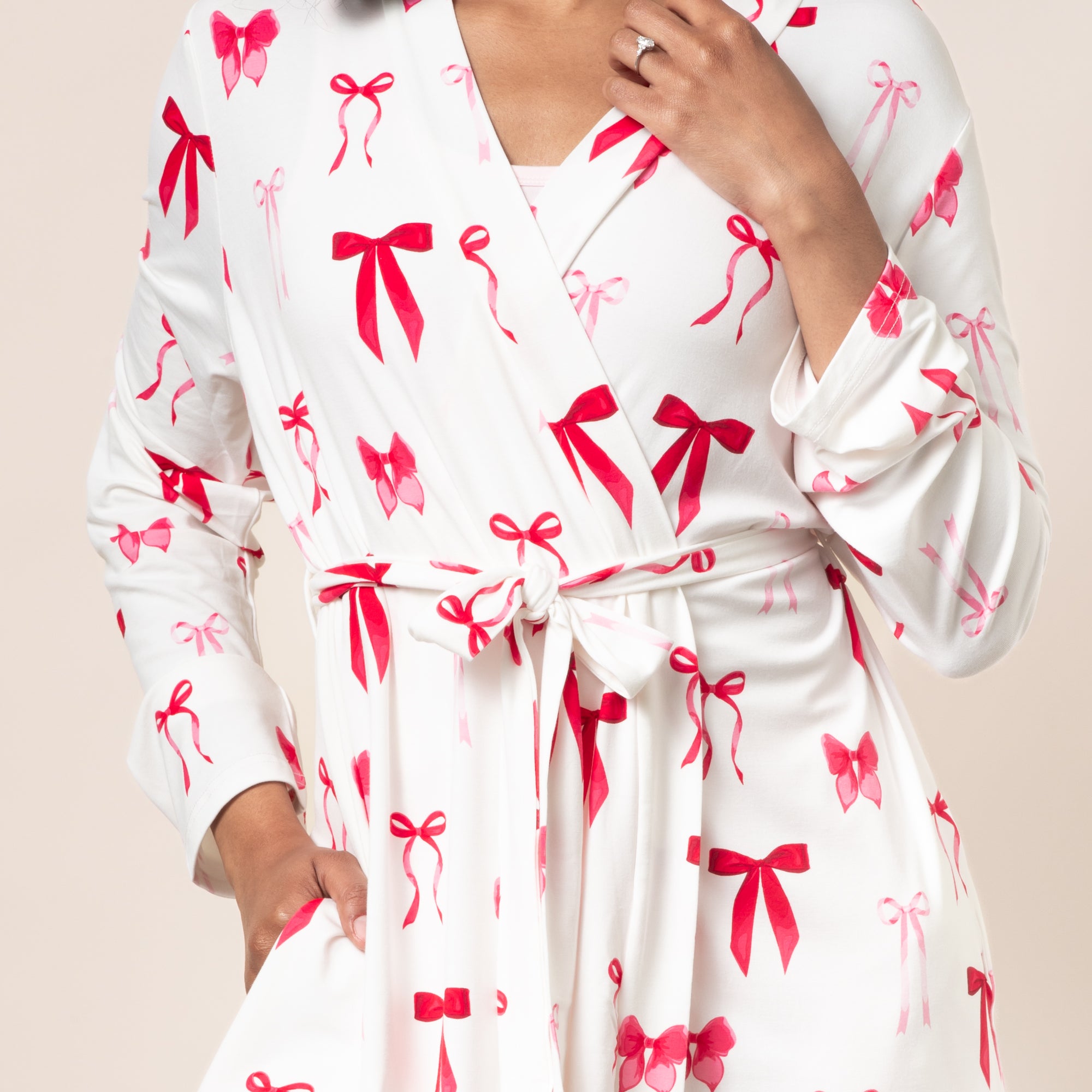 Close up of model wearing a tied up Bamboo Women's Lounge Robe in Big Love Bow