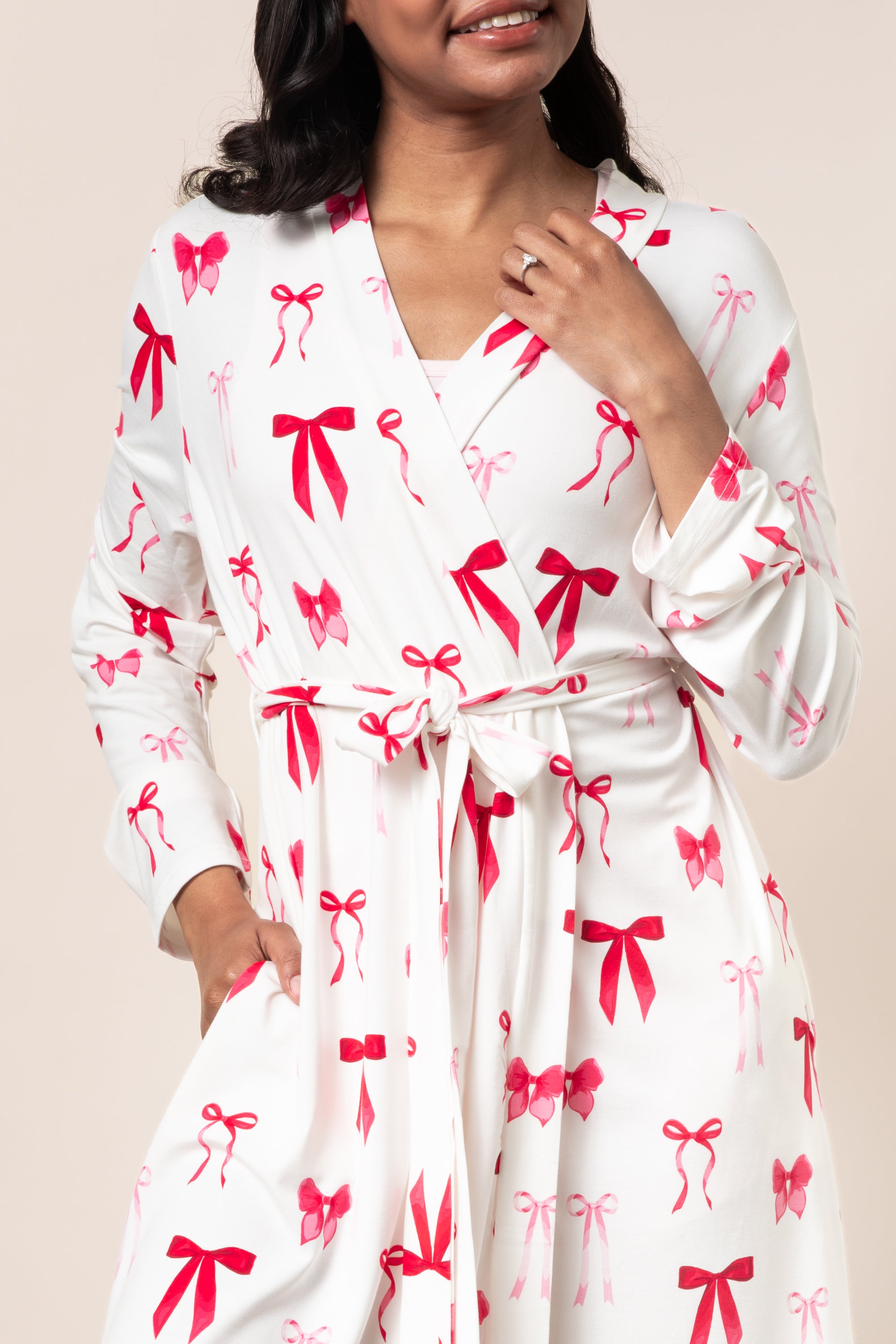Close up of model wearing a tied up Bamboo Women's Lounge Robe in Big Love Bow