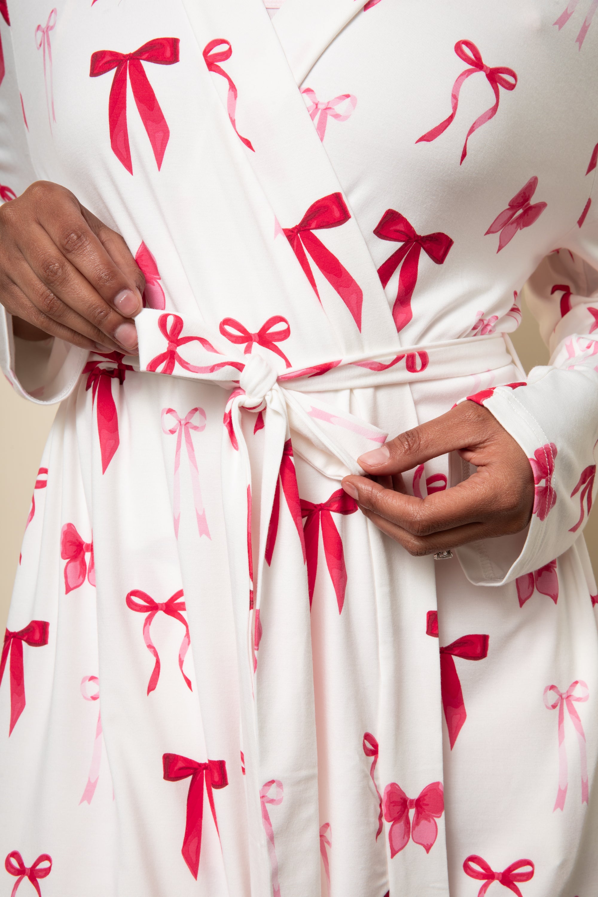 Close up of the print on the Bamboo Women's Lounge Robe in Big Love Bow