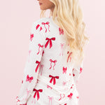 Model showing the back of the Bamboo Women's Jogger Pajama Set in Big Love Bow