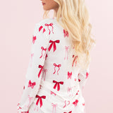 Model showing the back of the Bamboo Women's Jogger Pajama Set in Big Love Bow