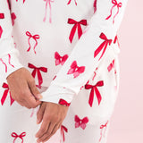Close up of the print on the Bamboo Women's Jogger Pajama Set in Big Love Bow