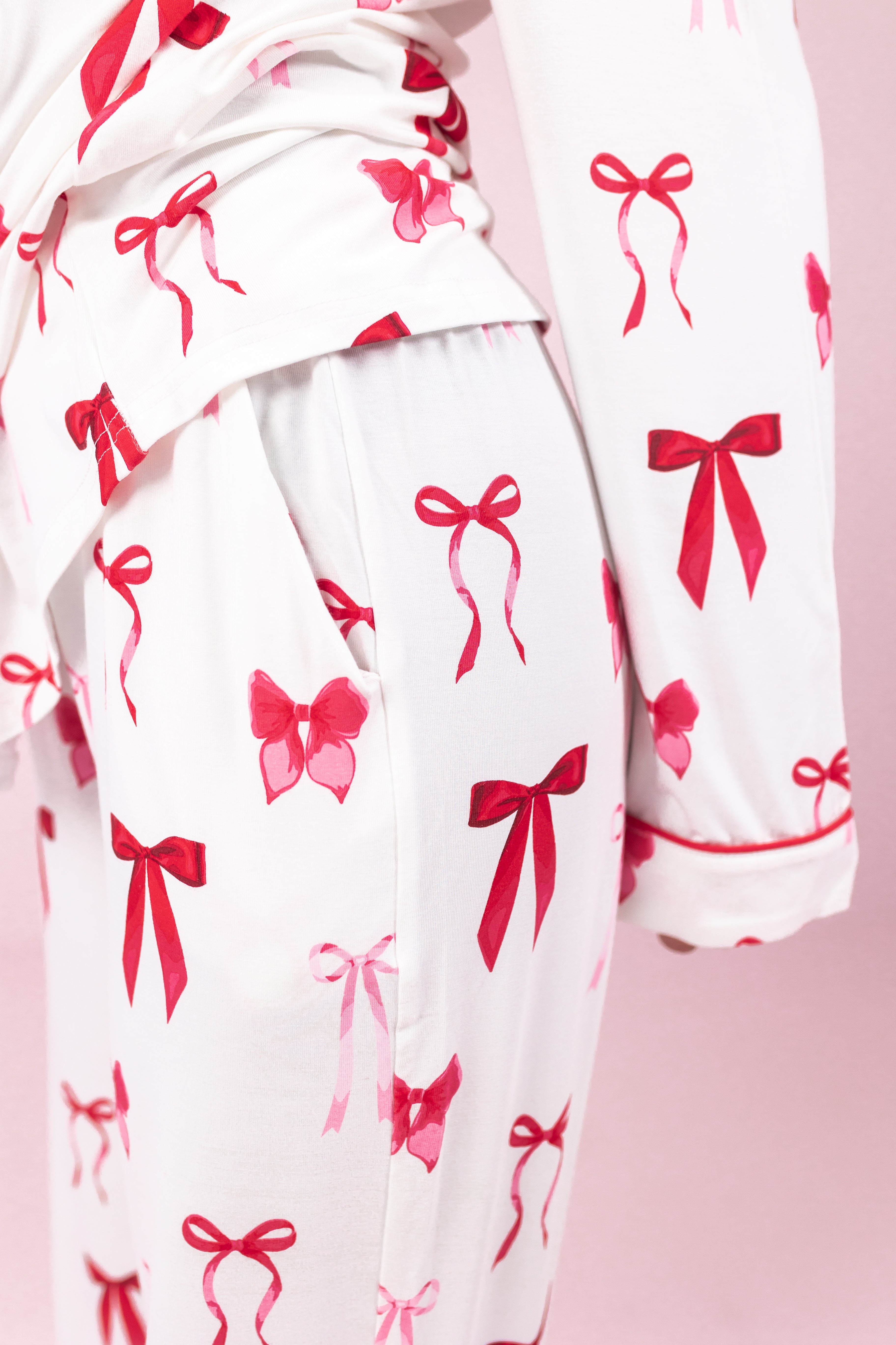 Close up of the Bamboo Long-Sleeved Women's Pajama Set in Big Love Bow