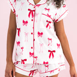 Close up of the Kyte Bamboo Women's Short Sleeve Pajama Set in Big Love Bow