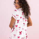 Model showing the back of the Bamboo Women's Short Sleeve Pajama Set in Big Love Bow