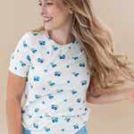Female wearing the Women's Crew Neck Tee in Blueberry