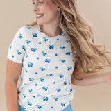 Female wearing the Women's Crew Neck Tee in Blueberry