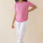 Woman modeling Women's Lounge Pants in Bow and Apple Blossom tee