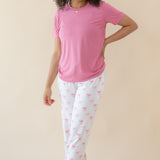 Woman modeling Women's Lounge Pants in Bow and Apple Blossom tee