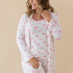 Woman modeling Women’s Tank Set in Bow and matching Lounge Robe