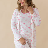 Woman modeling Women’s Tank Set in Bow and matching Lounge Robe