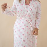 Woman modeling Women’s Lounge Robe in Bow showing the tie function